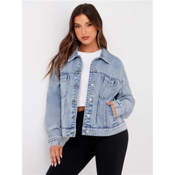 Womens Oversized Jean Jacket Casual Long Sleeve Button Down Denim - Picture 3 of 7